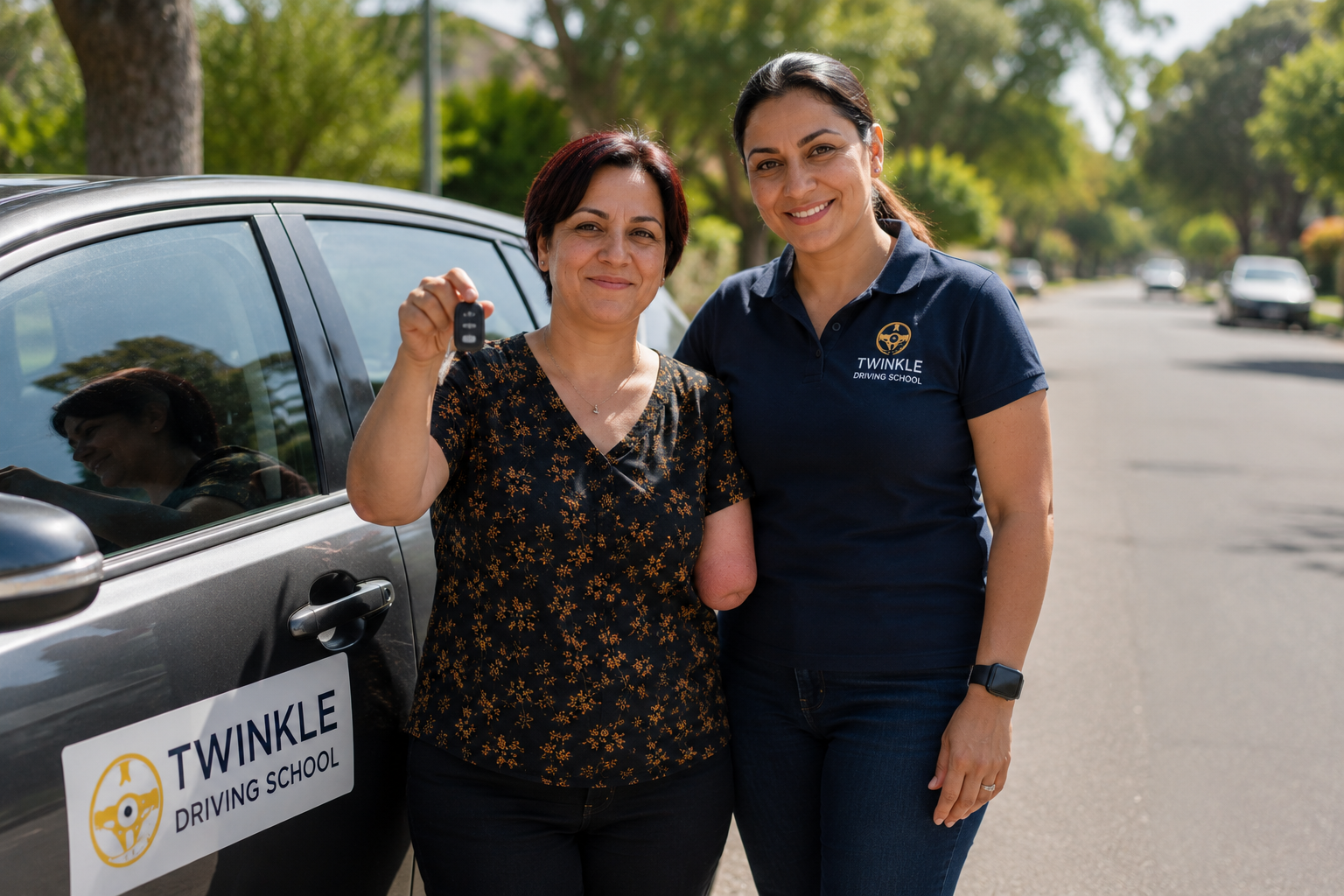 NDIS driving lesson — instructor coaching participant with limb difference using turn signal extension, Twinkle Driving School Melton