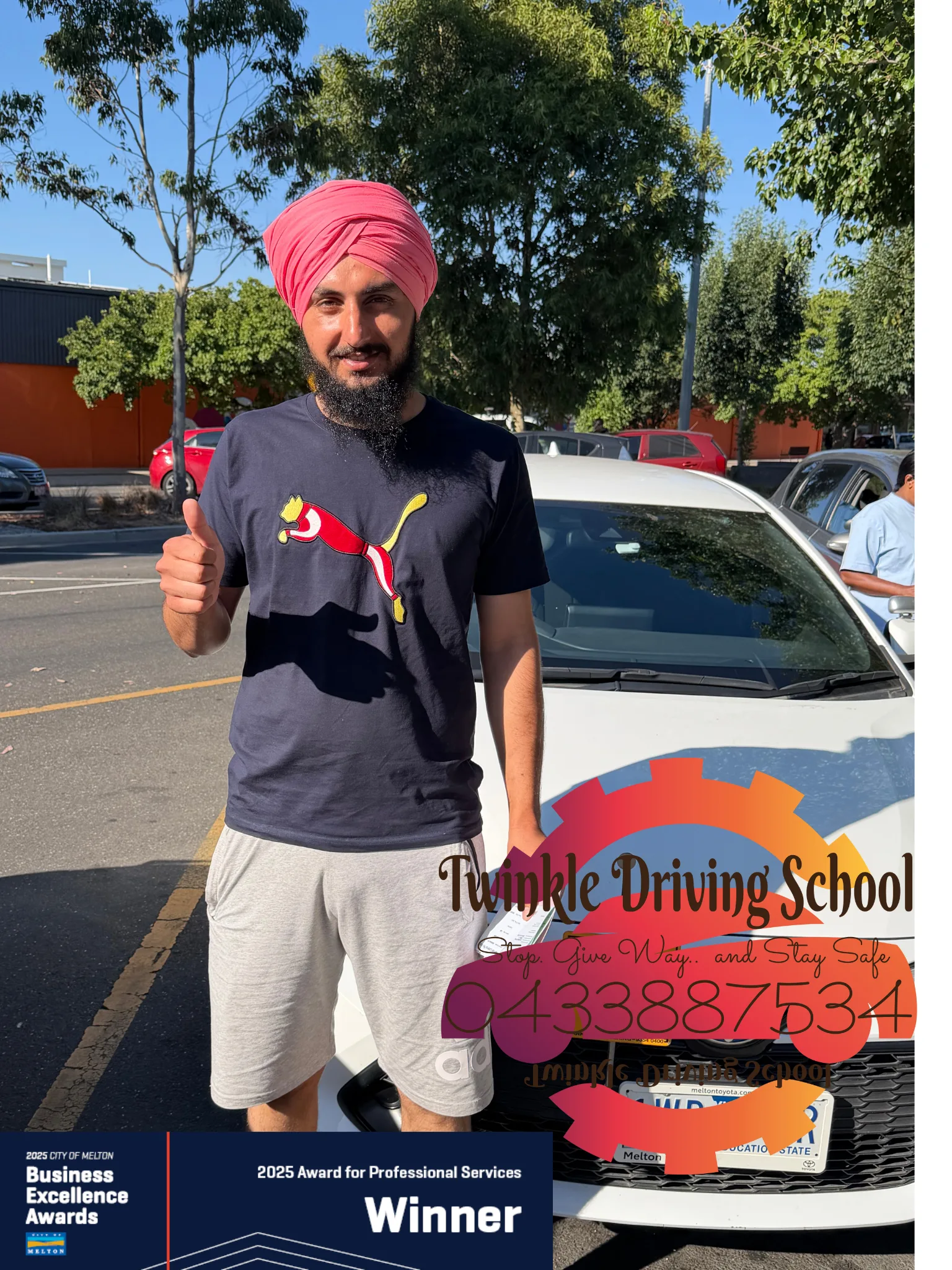 Happy student with P plates after driving test
