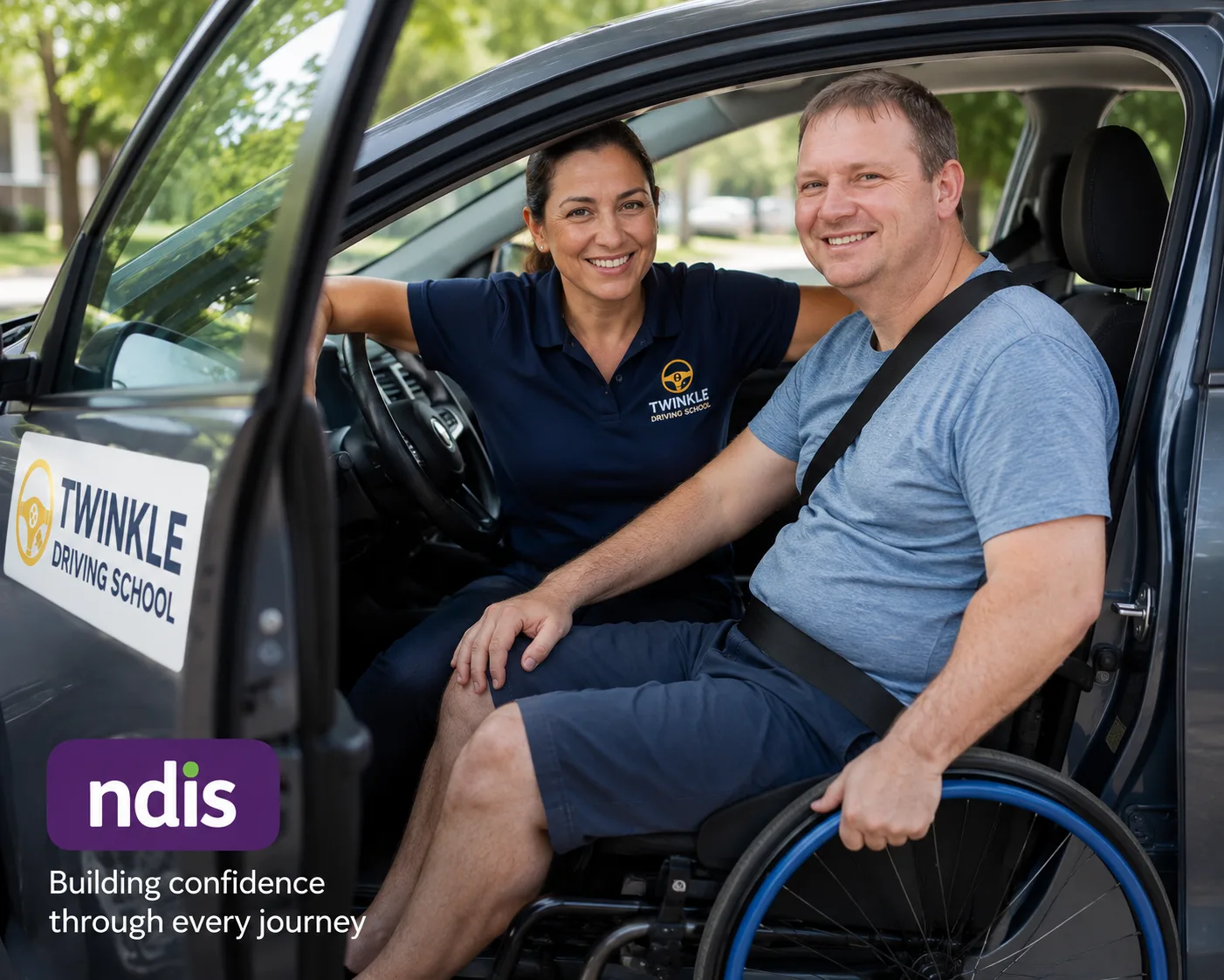 TAC driving rehabilitation — instructor supporting wheelchair user, Twinkle Driving School Melton