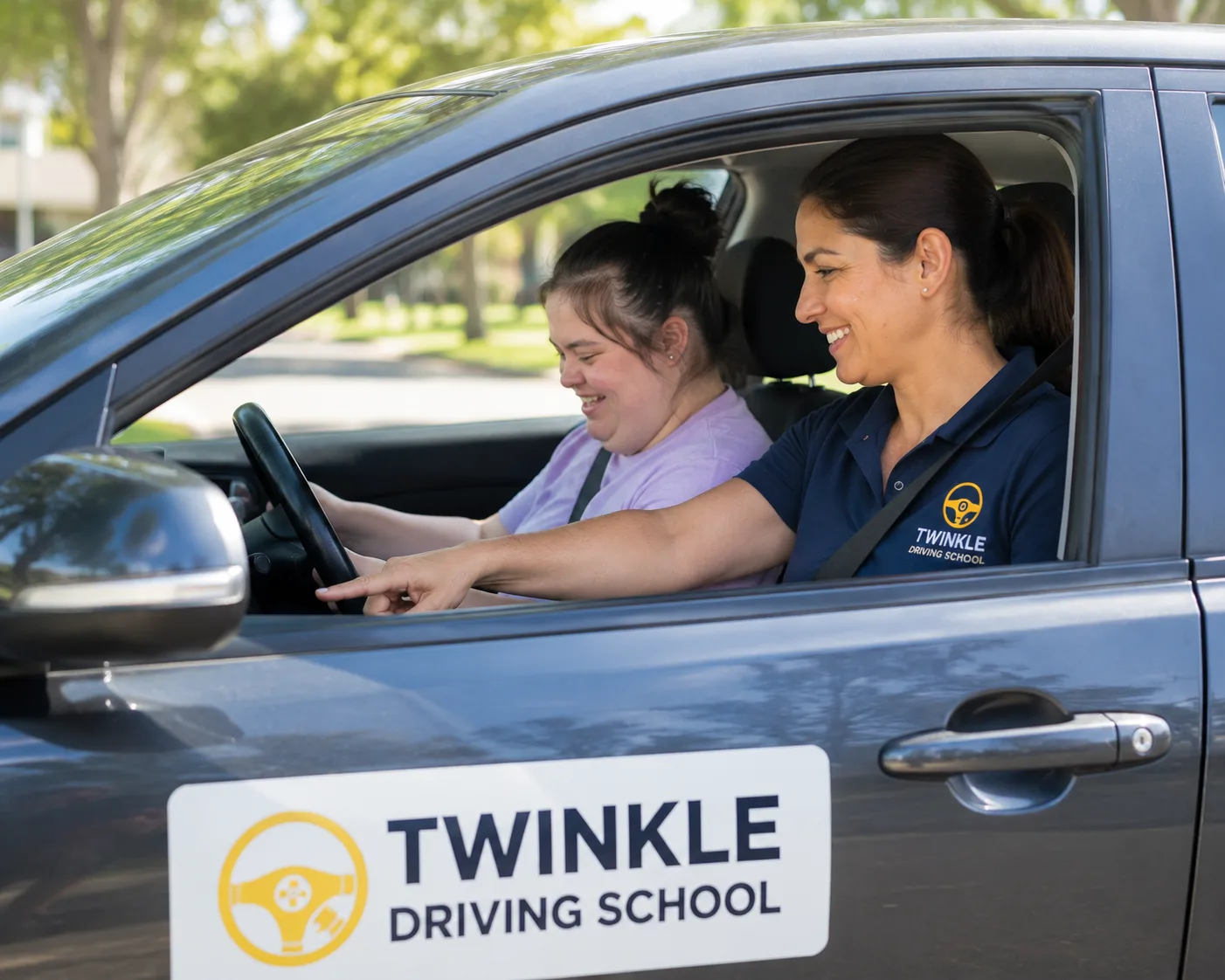 NDIS driving lesson — instructor supporting student with Down Syndrome, Twinkle Driving School Melton